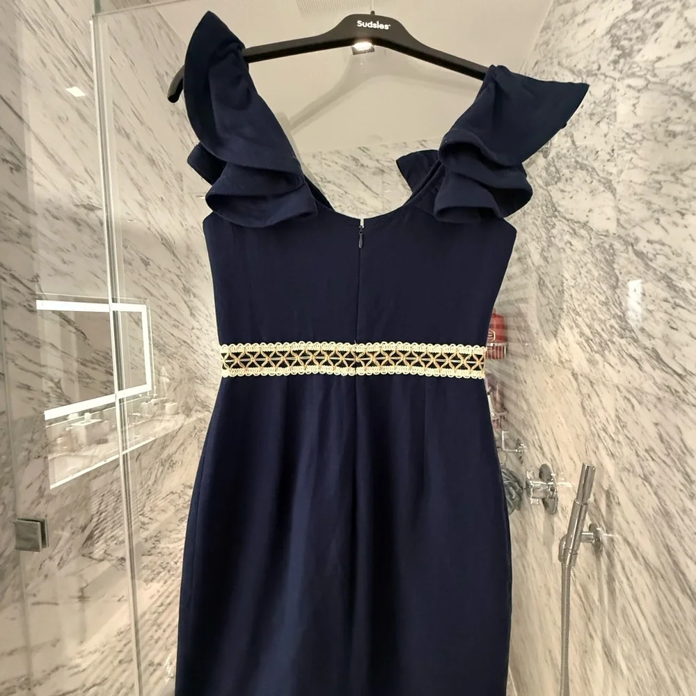 PatBO NEW Navy Ruffle Mini Dress w/ Crochet Waist & Fringe Hem | Size 4 - Picture 7 of 9